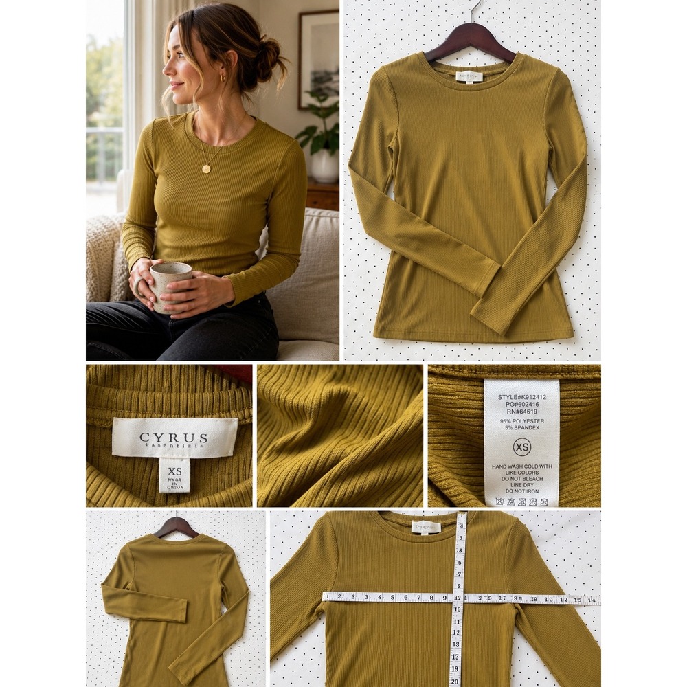 Cyrus Essentials Rib Knit Top XS Olive Mustard Long Sleeve‎ Crew Neck K912412